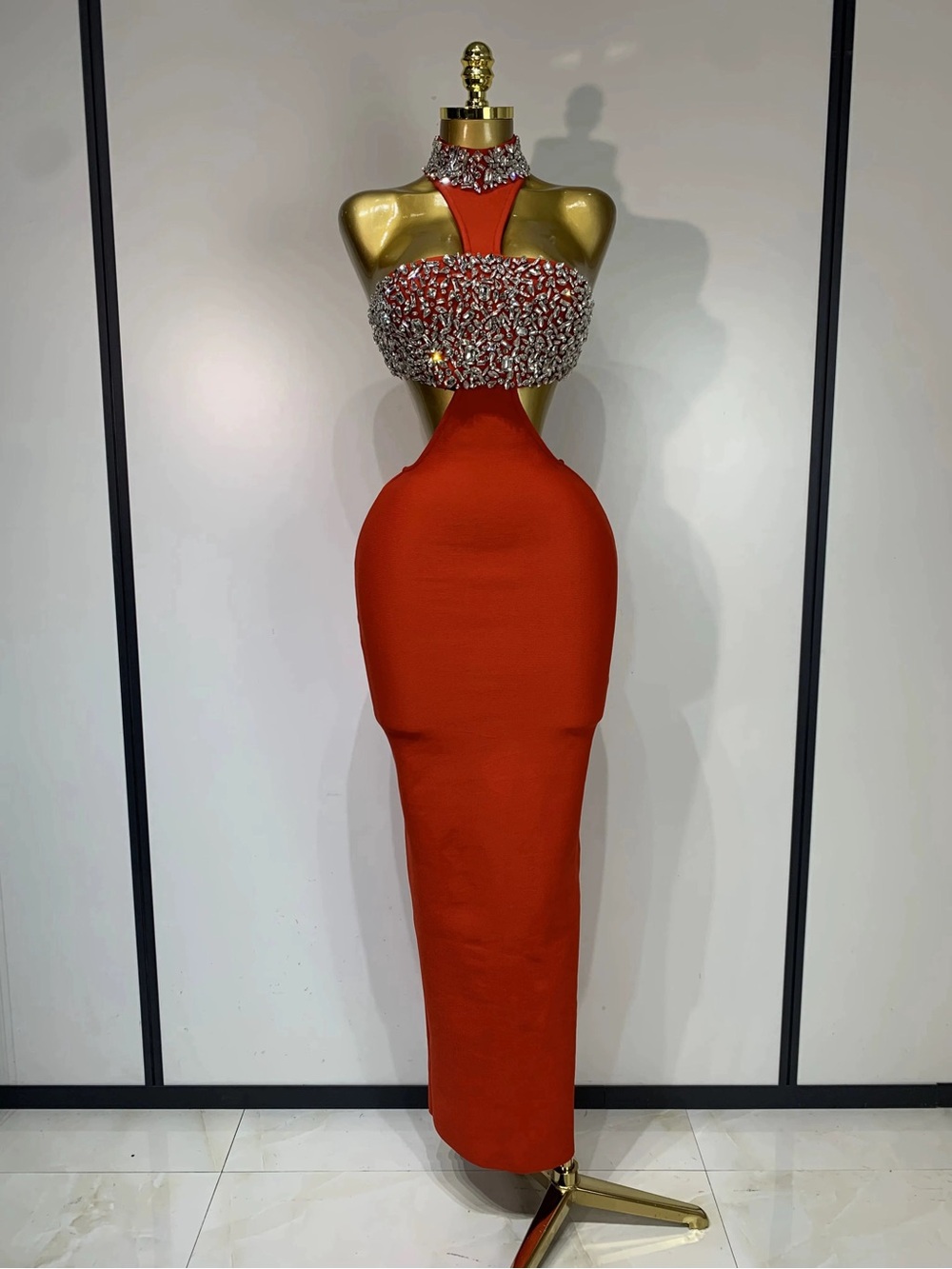 Red Backless Embellished Cutout Bodycon Dress